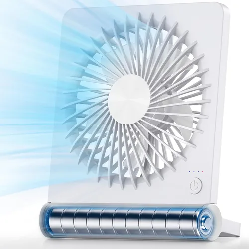 Vista 7 de Koonie - Ventilador de escritorio portátil, pequeño ventilador USB con batería de 3.5-20 horas, ultra silencioso con inclinación plegable de 220°