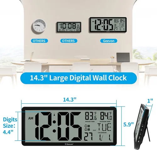 Vista 5 de Geevon Reloj atómico grande de 14.3 pulgadas con temperatura interior y exterior, reloj de pared digital que funciona con pilas, día y fecha