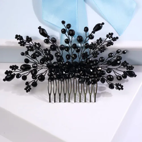 Vista 3 de Missgrace Mujeres nupcial boda hecho a mano cristales negros lado pelo peine ocasión especial tocado negro mujeres accesorios para el cabello
