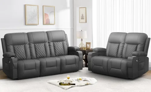 Vista 16 de Furnimat Juego de sofá reclinable con 2+1 piezas para sala de estar, sofá reclinable de 2 plazas en cuero, 1 silla reclinable con asiento de sofá
