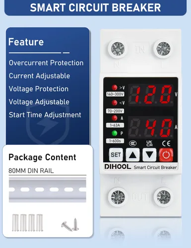 Vista 3 de DIHOOL Protector de voltaje ajustable 110V 220V, corte de bajo/alto voltaje y protección contra sobrecorriente, subvoltaje 70-200V, sobretensión