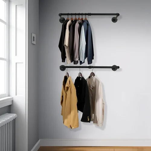 Vista 6 de WEBI Perchero de montaje en pared, 24 pulgadas de tubería industrial para colgar ropa, barra de hierro resistente, barra de ropa de exhibición al