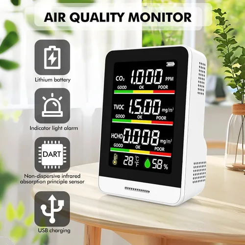 Vista 2 de Monitor de calidad del aire para interiores, probador inteligente de calidad del aire 8 en 1 con CO2, TVOC, HCHO, AQI, temperatura y humedad