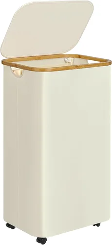 Vista 12 de Cesta de lavandería delgada, cesta estrecha con tapa, cesta de 60 litros para lavandería, cesta de tela sucia con mango de bambú para juguetes, Beige