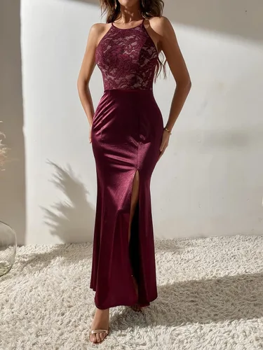 Vista 4 de WDIRARA Vestido largo sin mangas con encaje en contraste de satén para mujer