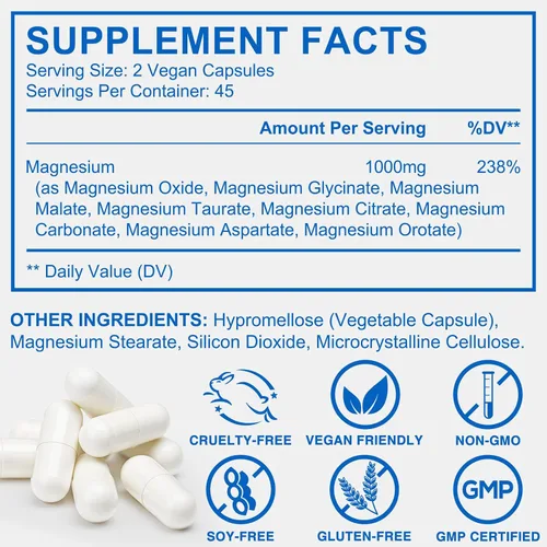Vista 2 de Suplemento Complejo de Magnesio de 1000 mg con glicinato de magnesio, citrato y malato, apoya la relajación muscular, el sueño y la energía, sin