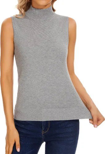 Vista 5 de Biffxeu Camisetas de punto sin mangas con cuello alto falso para mujer, suéter suave y ajustado, sin mangas, tops básicos