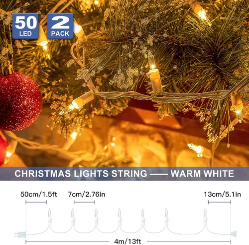 Vista 5 de Hopolon 2PACK Juego de 50 luces de Navidad transparentes con cable blanco, juego de 50 luces de cuerda incandescentes mini para vacaciones, árbol