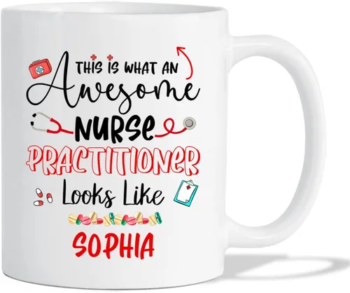 Vista 8 de Taza personalizada para enfermera practicante, 11 oz y 15 onzas, cerámica blanca, mango en C, nombre personalizado, regalo de jubilación NP