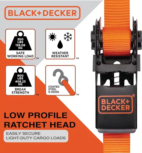 Vista 3 de Black+Decker BDX1018 - Juego de 6 correas de trinquete de 10 pies y correa elástica de 36 pulgadas, carga de trabajo segura de 300 libras