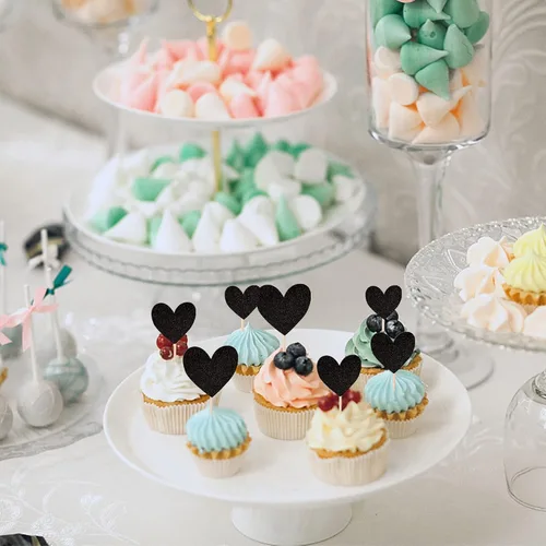 Vista 5 de 30 piezas de decoración para cupcakes con diseño de corazón con purpurina para cupcakes, despedida de soltera, boda, compromiso, decoración de Negro