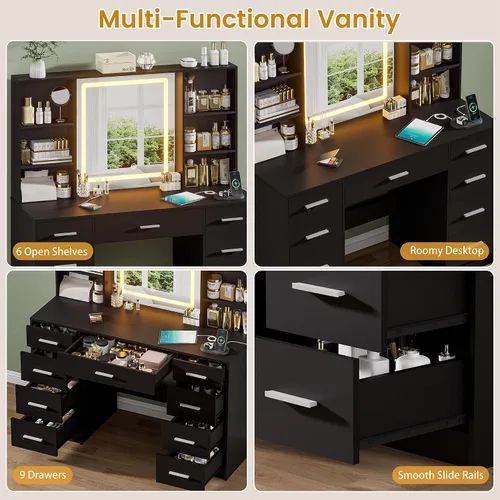 Vista 5 de Escritorio negro con espejo y luces, tocador de maquillaje con 9 cajones, 6 estantes y toma de corriente, espejo de pantalla táctil, tocador