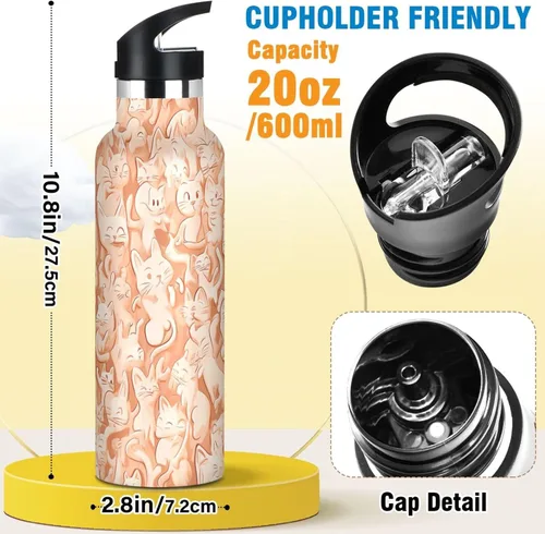 Vista 2 de Sweet Savannah Cats Brown, Sports Water Bottle with Handle Keeps Hot and Cold Lightweight for Bike Running Sports Travel Gym 13