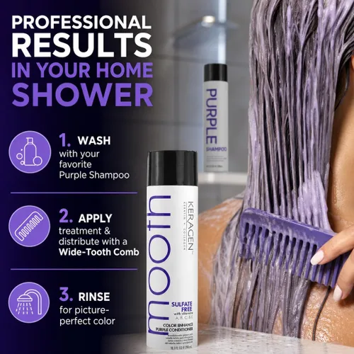 Vista 5 de KERAGEN - Acondicionador púrpura sin sulfato para neutralizar los tonos amarillos en cabello rubio y plateado con queratina, pantenol, vitaminas