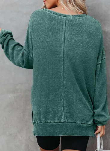 Vista 5 de Dokotoo Sudadera de gran tamaño con cuello redondo para mujer, de manga larga, de punto gofre, aberturas laterales, casual, ligera, color verde