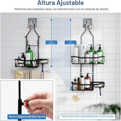 Vista 2 de Organizador de ducha mejorado de longitud extendida con ganchos, soporte para champú y jabón resistente a la oxidación, organizador de baño grande