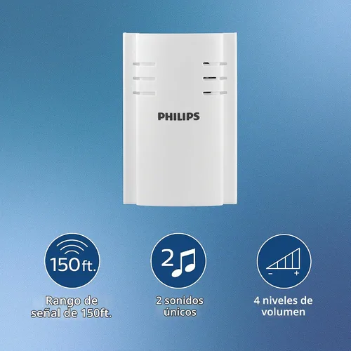 Vista 2 de Philips Kit de timbre inalámbrico, receptor enchufable, 1 botón pulsador, 2 melodías 4 niveles de volumen, aula, hogar, timbre de tienda, rango