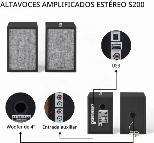 Vista 3 de Crosley S200A-BK 4" Altavoces estéreo activos con alimentación Bluetooth, conexiones ópticas, USB y Aux, negro
