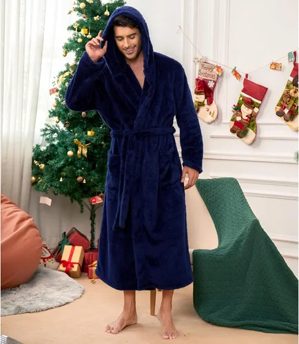 Vista 2 de Vulcanodon Bata para hombre con capucha, bata de baño de forro polar para hombre