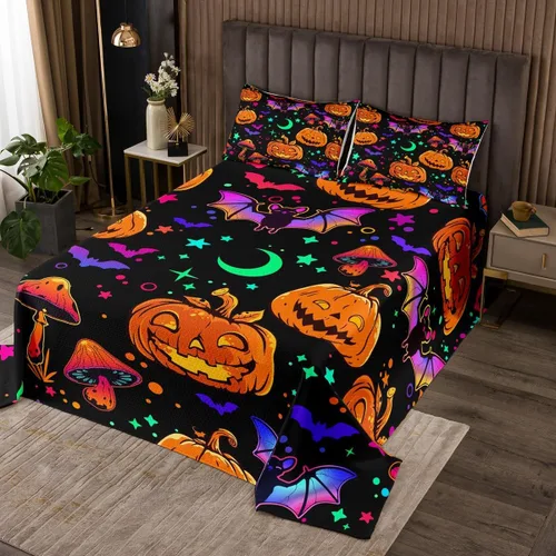 Vista 7 de Erosebridal Juego de colcha de murciélago de Halloween, tamaño individual, estrellas con purpurina y galaxia, para niños, decoración de Halloween