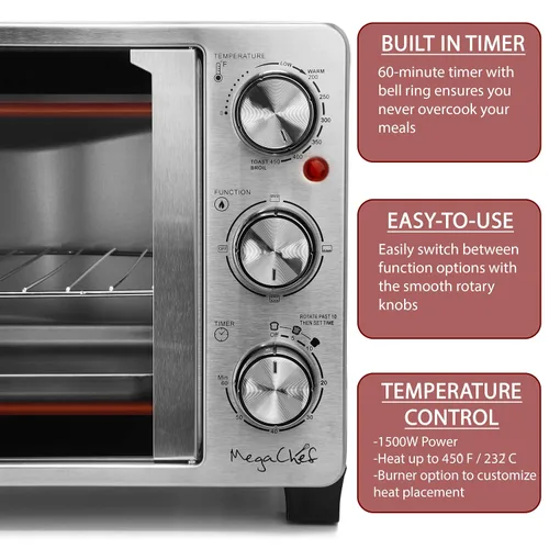 Vista 6 de MegaChef Horno Tostador Eléctrico Multifunción de Acero Inoxidable con Puerta Francesa de 26.4 Cuartos con Control de Temperatura y Temporizador