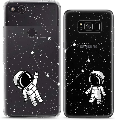 Vista 6 de Fundas a juego para parejas compatibles con iPhone 16 15 14 13 12 11 Pro Max Mini Xs X 6s 8 Plus 7+ Xr 10 SE 5 Astronaut Space Constellation Funda