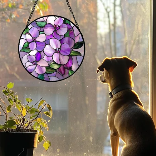 Vista 4 de DASTOLL Conjunto de 4 Piezas de Vidriera Manchada para Colgar en Ventanas, Tema de Flores Púrpuras, 16 cm - Atrapasoles de Tulipán para Puerta Juego