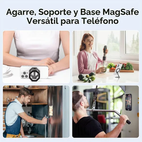 Vista 7 de Soporte magnético octogonal plegable de 360° giratorio para teléfono de escritorio de automóvil, uso universal, compatible con iPhone 12-17 Pro Negro