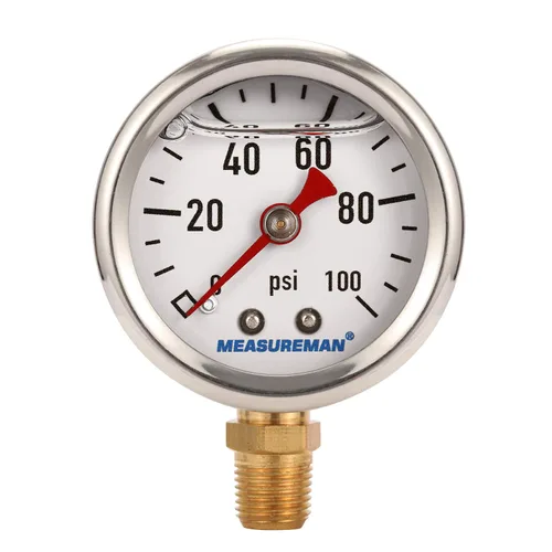 Vista 10 de MEASUREMAN - Manómetro, 0 a 15 psi, relleno glicerina, esfera 1.5 pulgadas, caja acero inoxidable 304, montaje central posterior 1/8 NPT, adaptador