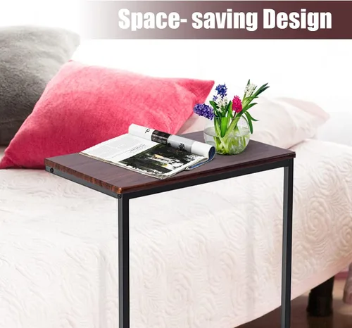 Vista 7 de Mesa auxiliar para sofá cama, mesa auxiliar compacta en forma de C con acabado de madera y marco de metal, mesa de bandeja de TV portátil para café