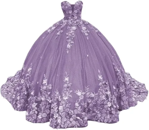Vista 6 de XYAYE Vestidos de quinceañera de novia para mujer, vestidos de baile de flores en 3D, vestido de fiesta de encaje, sin tirantes, de tul dulce 15 16