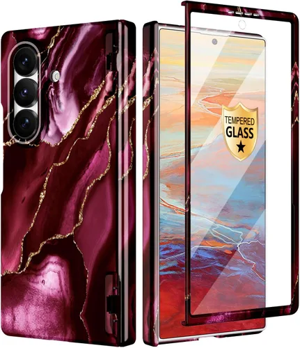 Vista 34 de Btscase Funda para Samsung Galaxy Z Fold 5, protector de pantalla frontal integrado, patrón de mármol dorado con purpurina de policarbonato duro