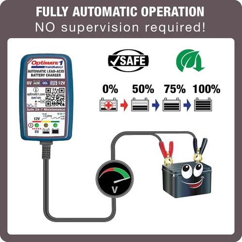 Vista 4 de Tecmate Optimate 1 VoltMATIC, TM-401a, Serie Bronce: Cargador y mantenedor de batería de 4 pasos 6V / 12V (0.6A), Azul