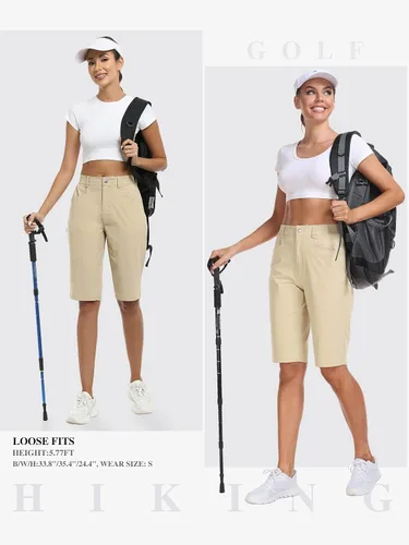 Vista 6 de MoFiz Women 13" Slim Fit Cargo Hiking Shorts Knee Length Elastic Waistband Women Golf Shorts with Right Thigh Zip Pocket