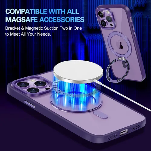 Vista 3 de Funda magnética para iPhone 14 Pro Max compatible con Magsafe, iPhone 14 Pro Max con soporte de anillo giratorio de 360°, bonita funda translúcida