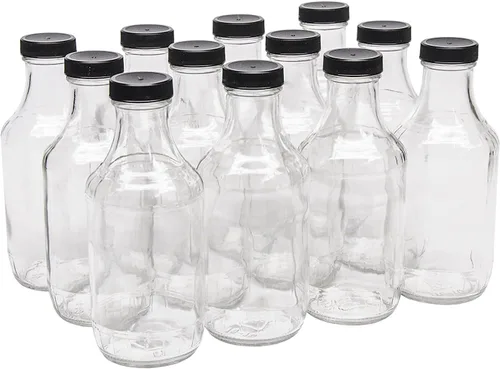 Vista 2 de North Mountain Supply Botella de vidrio para salsa de 16 onzas, con tapas de plástico negro de 1.496 in, caja de 12