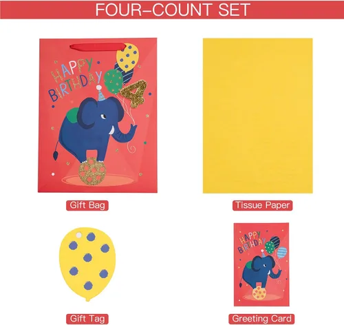 Vista 7 de Loveinside Bolsa de regalo de elefante de 4º cumpleaños con papel de seda, etiqueta de regalo y tarjeta de felicitación para niños, fiestas y más