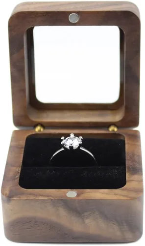 Vista 2 de Caja cuadrada de nogal rústico para propuesta, tapa transparente de madera para anillos, caja organizadora para propuesta, compromiso, boda