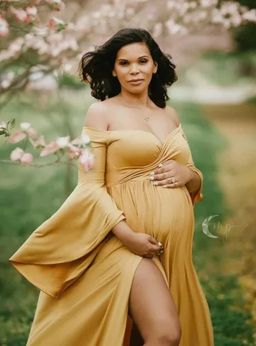Vista 3 de ZIUMUDY Vestido de maternidad con hombros descubiertos y mangas acampanadas, maxi vestido de fotografía para baby shower