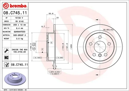 Vista 2 de Brembo 08.C745.11 Rotor de freno sólido recubierto ULTRAVIOLETA MINI OE# 34216799383
