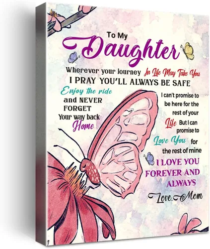Vista 7 de Wailozco Lienzo colgante con texto en inglés "To My Beautiful Daughter", arte de pared enmarcado para decoración de pared de habitación de hija