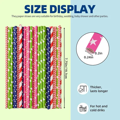 Vista 2 de Paquete de 100 pajitas de papel con patrón mixto, biodegradables, duraderas y ecológicas para bebidas frías de café, postres y decoración