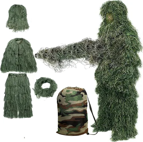 Vista 9 de DoCred Traje Ghillie 5 en 1, ropa de caza de camuflaje 3D con chaqueta, pantalones, capucha, bolsa de transporte para adultos/jóvenes, S/M/L/XL/XXL