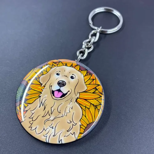 Vista 6 de Golden Retriever Sunflower Keychain - Floral Dog Key Ring - Pet Portrait Cartoon Art Gifts & Collectible Accessories