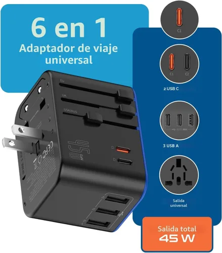 Vista 2 de Ceptics 45W Universal Travel Adapter w/ 3 USB-A, 2 USB-C & Universal Input Negro