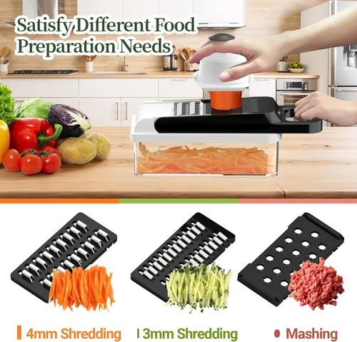Vista 5 de StoreHappily Picador de Verduras 12 en 1, Picador de Verduras de 7 Cuchillas con Recipiente y Tapa, Cortador en Cubitos, Rebanador, Utensilios