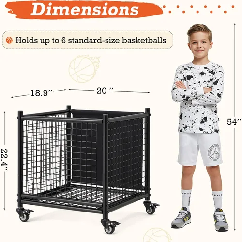 Vista 2 de AECOJOY Almacenamiento de carrito de bolas, cubo de baloncesto con ruedas para garaje, escuela, gimnasio, equipo deportivo y organizador