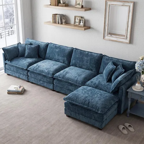 Vista 92 de Sofá individual modular de chenilla con otomana, sofá nube con almohada, color beige
