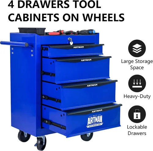 Vista 7 de Runboll Caja de herramientas con 4 cajones con taquilla, 20.9 pulgadas de profundidad de metal movible con cerradura, caja de almacenamiento