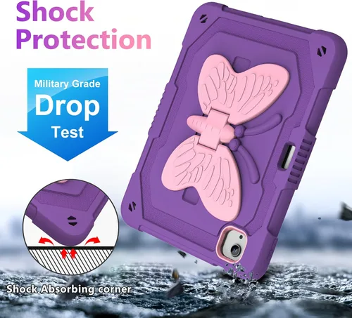 Vista 8 de Funda para iPad Air de 5ª/4ª generación con protector de pantalla, para iPad Pro de 11 pulgadas, con correa de soporte de mariposa, muñecos y Púrpura